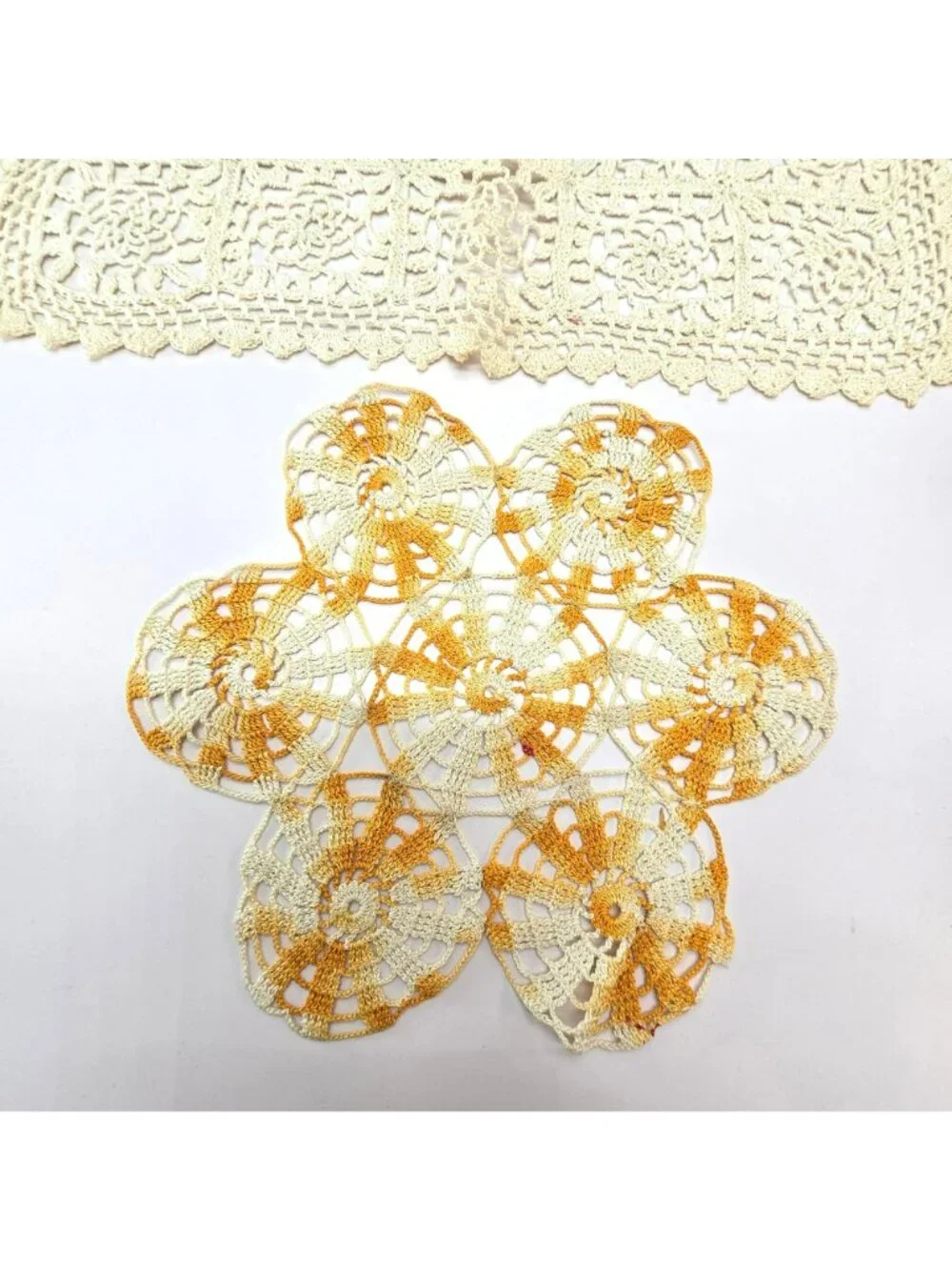 Handmade Vintage Crochet Lace Doily Set Rectangular & Floral Cream Orange CM2287